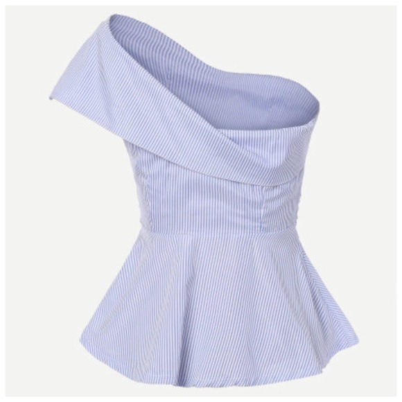 Blue & White Stripe Asymmetrical Collar Top - Picture 2 of 7